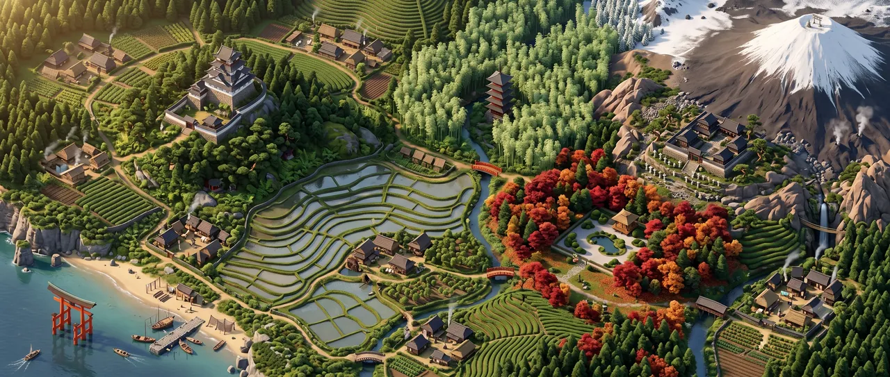 The painted Season 2 map, a Japan at sunset